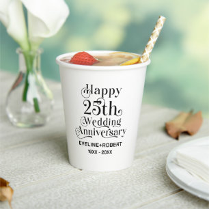 Happy 25th Wedding Anniversary Black Typography Paper Cups