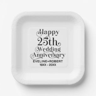 Happy 25th Wedding Anniversary Black Typography Paper Plate