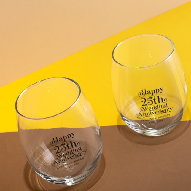 Happy 25th Wedding Anniversary Black Typography Stemless Wine Glass (Creator Uploaded)