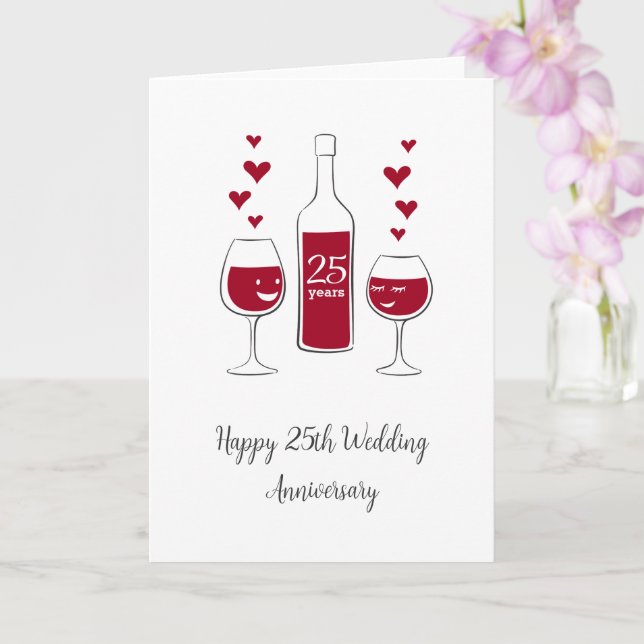 Happy 25th Wedding Anniversary Red Wine Heart Card (Orchid)