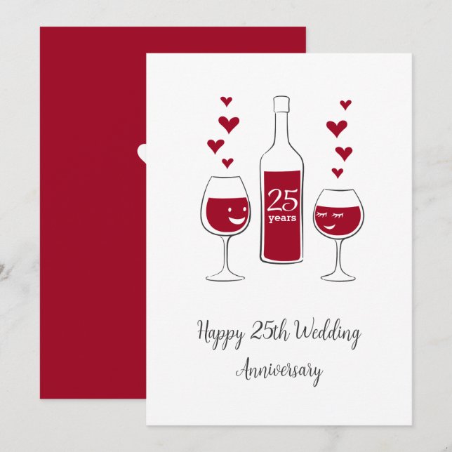 Happy 25th Wedding Anniversary Red Wine Heart Card (Front/Back)