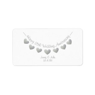Happy 25th Wedding Anniversary Silver heart labels
