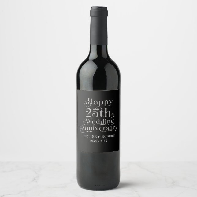 Happy 25th Wedding Anniversary Silver Typography Wine Label (Front)