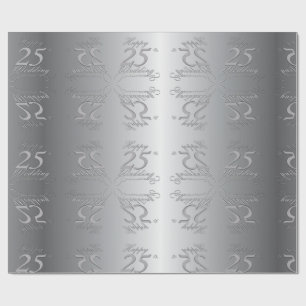 "Happy 25th Wedding Anniversary" Silvery Font Wrapping Paper