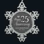 Happy 25th Wedding Anniversary Snowflake Pewter Christmas Ornament<br><div class="desc">Lovely grey Happy 25th Anniversary ornament. Faux foil on 25th and as a border frame. Silver oil background created by Valarie Wade. Tiny grey heart gem in the upper corner. Names and dates are adjustable.</div>