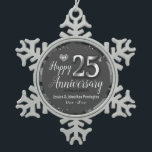 Happy 25th Wedding Anniversary Snowflake Pewter Christmas Ornament<br><div class="desc">Lovely grey Happy 25th Anniversary ornament. Faux foil on 25th and as a border frame. Silver oil background created by Valarie Wade. Tiny grey heart gem in the upper corner. Names and dates are adjustable.</div>