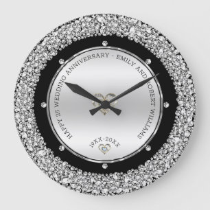 Happy 25th wedding universally diamonds and silver large clock