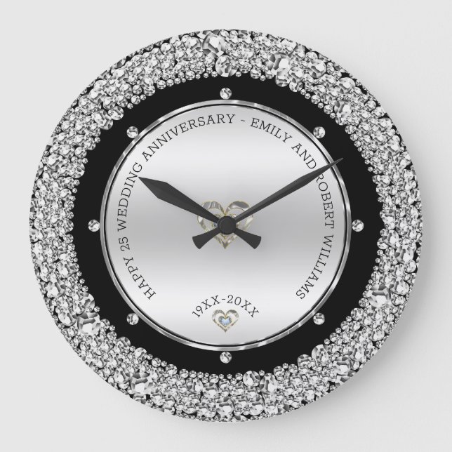 Happy 25th wedding universally diamonds and silver large clock (Front)