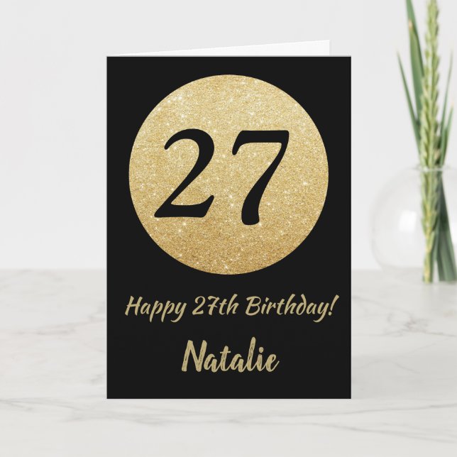 Happy 27th Birthday Black and Gold Glitter Card (Front)