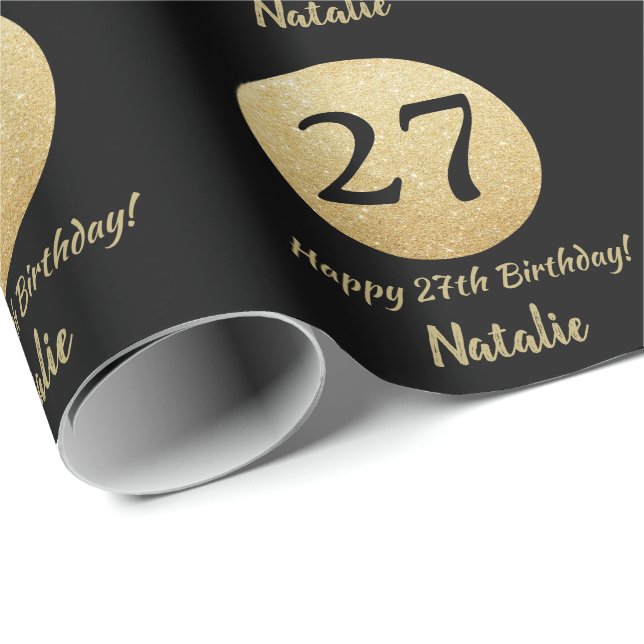 Happy 27th Birthday Black and Gold Glitter Wrapping Paper (Roll Corner)