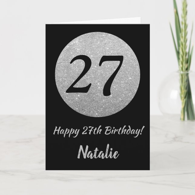 Happy 27th Birthday Black and Silver Glitter Card (Front)