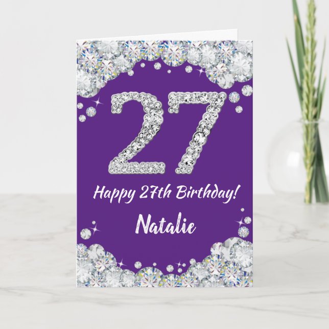 Happy 27th Birthday Purple and Silver Glitter Card (Front)