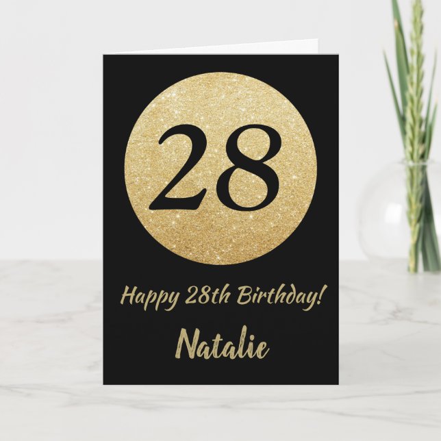 Happy 28th Birthday Black and Gold Glitter Card (Front)