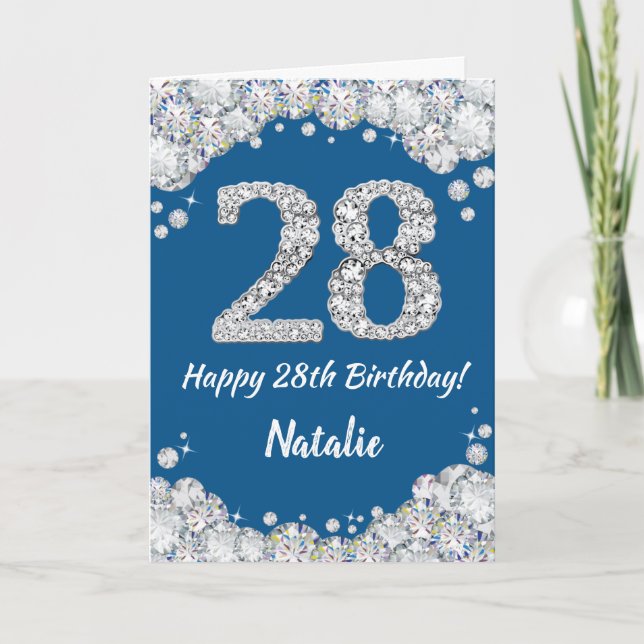 Happy 28th Birthday Blue and Silver Glitter Card (Front)