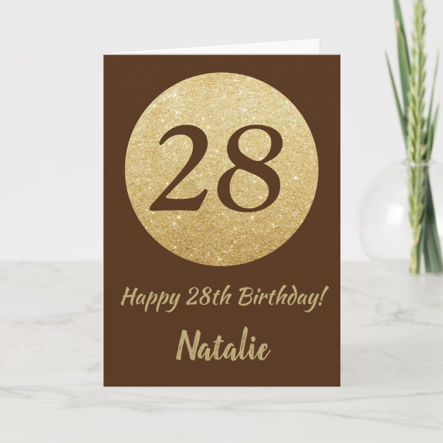 Happy 28th Birthday Brown and Gold Glitter Card (Front)