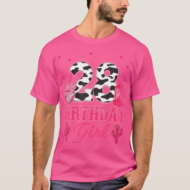 Happy 28Th Birthday Girl Rodeo Western Cowgirl Cow T-Shirt (Front)