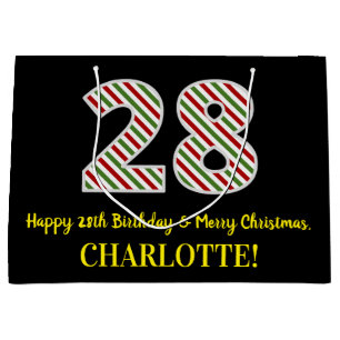 Happy 28th Birthday & Merry Christmas, Custom Name Large Gift Bag