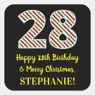 Happy 28th Birthday & Merry Christmas, Custom Name Square Sticker