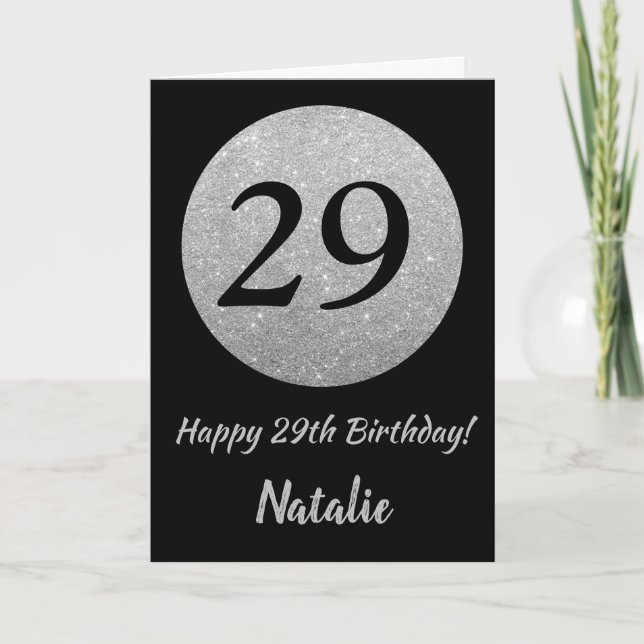 Happy 29th Birthday Black and Silver Glitter Card (Front)