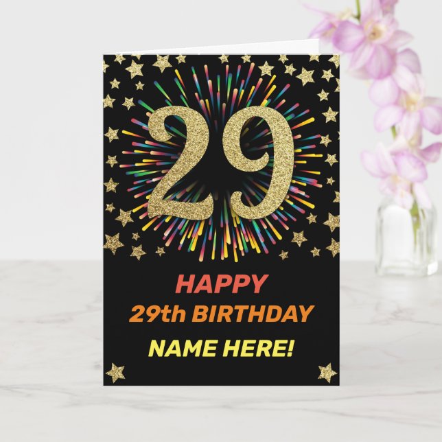 Happy 29th Birthday Black & Gold Rainbow Firework Card (Orchid)
