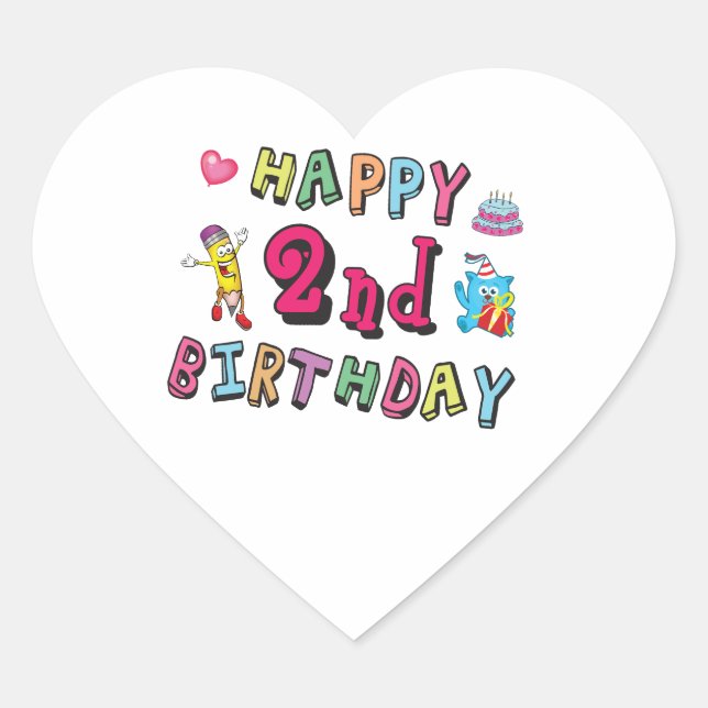 Happy 2nd Birthday. 2 year b-day. Heart Sticker (Front)
