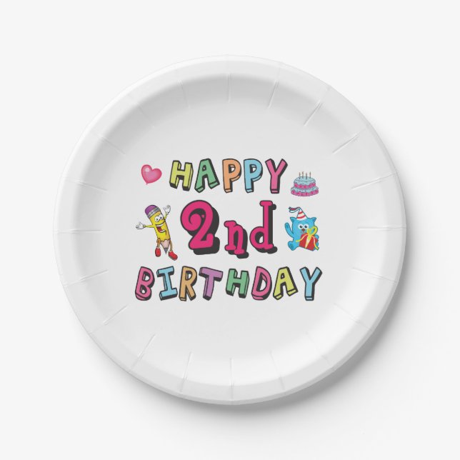 Happy 2nd Birthday. 2 year b-day. Paper Plate (Front)