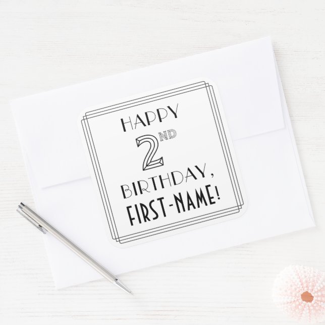 HAPPY 2ND BIRTHDAY, Art Deco Style, Custom Name Square Sticker (Envelope)