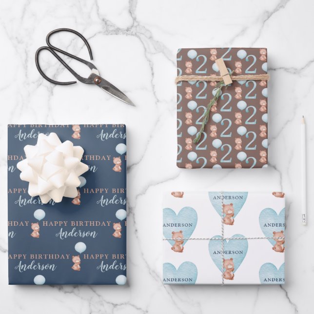 Happy 2nd Birthday Bear Wrapping Paper  (Front)