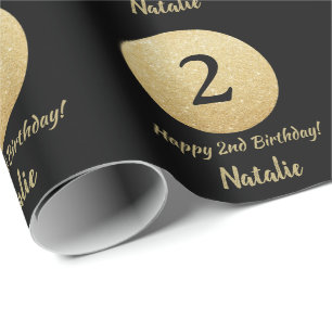 Happy 2nd Birthday Black and Gold Glitter Wrapping Paper