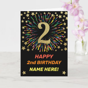 Happy 2nd Birthday Black & Gold Rainbow Firework Card