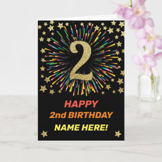 Happy 2nd Birthday Black & Gold Rainbow Firework Card