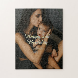 Happy 2nd birthday kids baby mother yellow gray na jigsaw puzzle