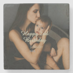 Happy 2nd birthday kids baby mother yellow gray na stone coaster