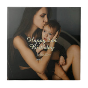 Happy 2nd birthday kids baby mother yellow gray na tile