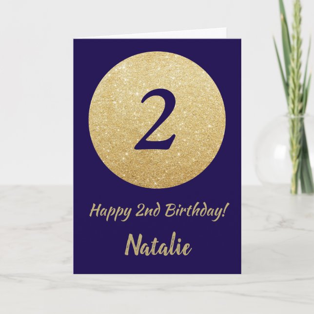 Happy 2nd Birthday Navy Blue and Gold Glitter Card (Front)