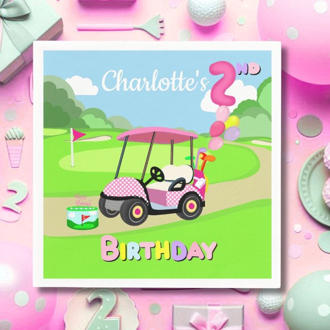 Happy 2nd Birthday Polka Dot Pink Girly Golf  Napkin (Creator Uploaded)