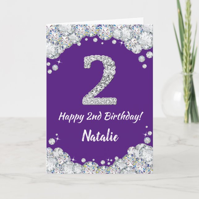 Happy 2nd Birthday Purple and Silver Glitter Card (Front)