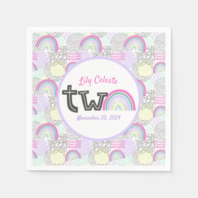 Happy 2nd Birthday Rainbow 90's Baby Girl's Party Napkin (Front)