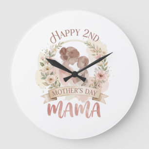 Happy 2nd Mothers Day Mama for Men Women Kids Large Clock