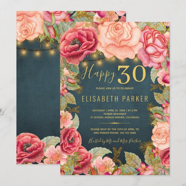 Happy 30 floral chic elegant 30th birthday party invitation (Front/Back)