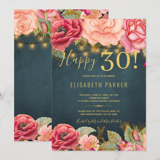 Happy 30 floral chic elegant 30th birthday party invitation (Front/Back)