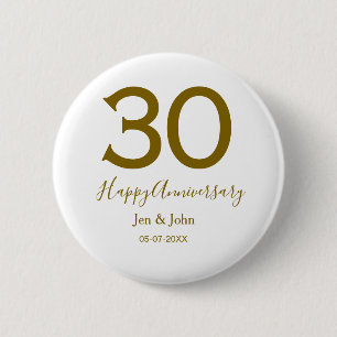 Happy 30th anniversary name date golden bold lette 6 cm round badge