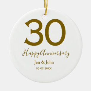 Happy 30th anniversary name date golden bold lette ceramic tree decoration