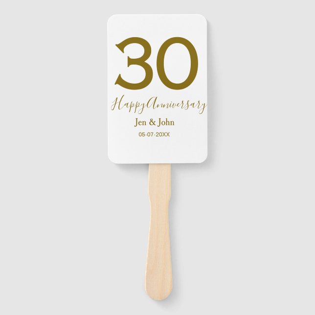 Happy 30th anniversary name date golden bold lette hand fan (Front)
