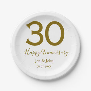 Happy 30th anniversary name date golden bold lette paper plate