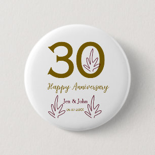 Happy 30th anniversary name date golden red leaf 6 cm round badge