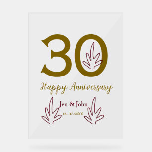 Happy 30th anniversary name date golden red leaf acrylic sign