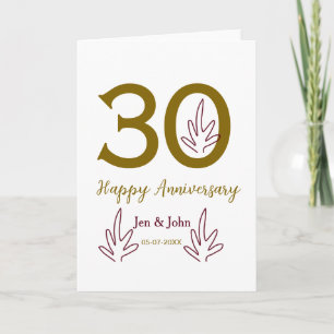 Happy 30th anniversary name date golden red leaf card