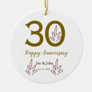 Happy 30th anniversary name date golden red leaf ceramic tree decoration