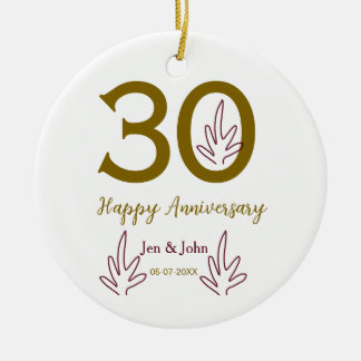 Happy 30th anniversary name date golden red leaf ceramic tree decoration